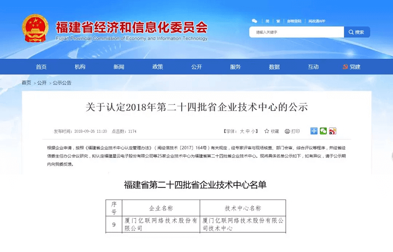 好消息！億聯網絡被評為福建省企業技術中心！